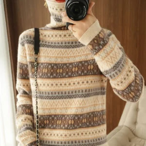 Autumn and Winter New 100% Wool Cashmere Sweater Women's High Neck Pullover Casual Knitted Loose Korean Fashion Color Block Top -  200000345