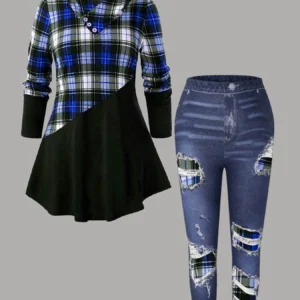 Women Plus Size Two Piece Set Hooded Plaid Print Patchwork Tops and High Waist Leggings Matching Set Long Sleeve Autumn Outfit - AliExpress 200000345