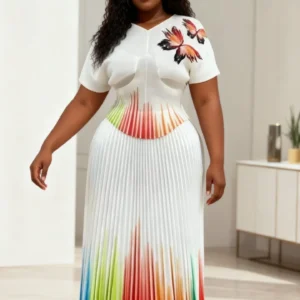 Plus-Size Two-Piece Skirt Set Miyaki Dress Cross-Border Bestseller in Asia Short-Sleeve Batwing Sleeve V-Neck Printed Gradient Color-Blocked Pleated Skirt Slim Fit Waist-Cinching High Elasticity - AliExpress 200000345