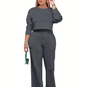 Plus size solid color long sleeve long pants round neck two-piece set - AliExpress 200000345
