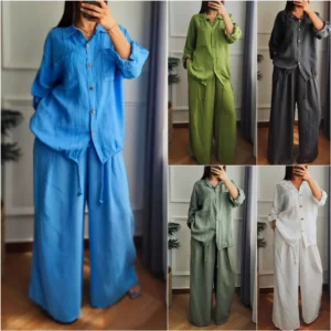L-5XL Plus Size Women Clothing Two Piece Sets 2024 Solid Color Long Sleeve Loose Shirt Top and Wide Pant Suits Dropshipping - AliExpress 200000345