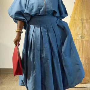 Plus Size Daily Blue Shirt Collar Lantern Sleeve Long Sleeve Pleated Casual Pocket Two Piece Skirt Sets - AliExpress 200000345
