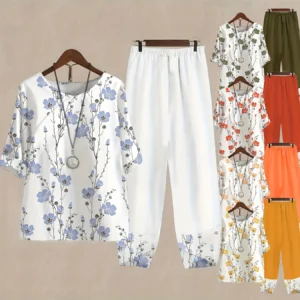 Plus size women's round neck spring and summer casual Chinese style non-elastic loose polyester fiber printed short-sleeved suit - AliExpress 200000345