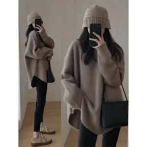 Autumn Winter 100% Pure Wool Large Size Sweater Women's O-Neck Knitted Pullover Casual Loose Plit Blouse With Cashmere Clothing -  200000345
