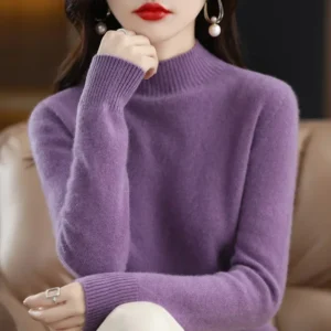 Autumn Winter Women Sweater Korean Fashion Warm Bottoming Shirts Half High Collar Basic Knitwear Solid Long Sleeve Pullovers -  200000345