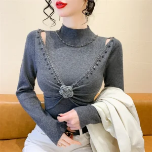 2025 New European Clothes Knitted Sweater Women Chic Sexy Hollow Out Beading Flower Knitwear Long Sleeve Pullovers -  200000345