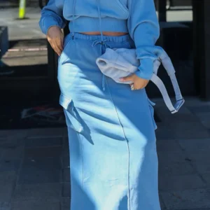 Plus Size Daily Blue Hooded Long Sleeve Cargo Casual Pocket Two Piece Skirt Sets - AliExpress 200000345