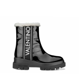 Premium Italian- Black Fur Top Chunky Tubular Ankle Boots with Lateral Valentino Band For a Perfect Urban Mood